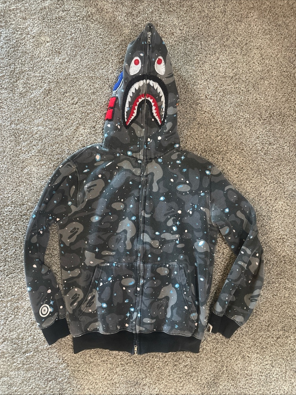 A Bathing Ape Hoodie Men Gray/Camouflage Sz M Full Zip Fleece Shark Blue Spec’s